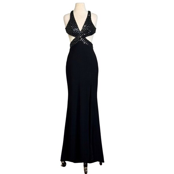 Mac Duggal Black Cutout Waist Beaded Crisscross Bodice Evening Formal Dress Sz 2 - Picture 1 of 12